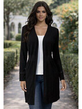 Talbots Womens Long Black Cardigan Sweater Ribbed Open Cotton Blend Petite PM